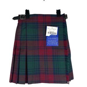 JAMES PRINGLE WEAVERS NWT Girls Clan Lindsay Tartan Red Green Kilt Skirt 3/4